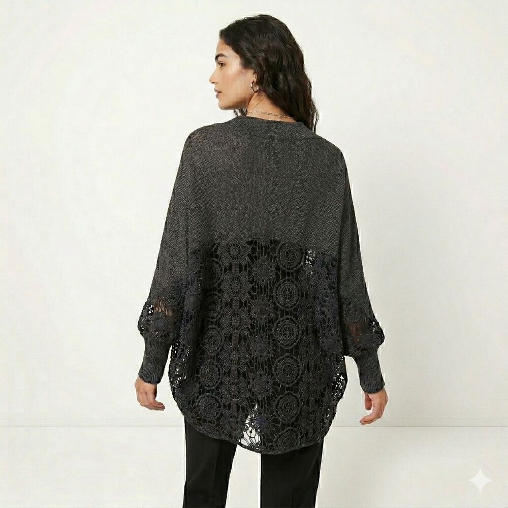 Japanese 'as know as de base' Women's Black Knit Shrug with Large Lace Inlay